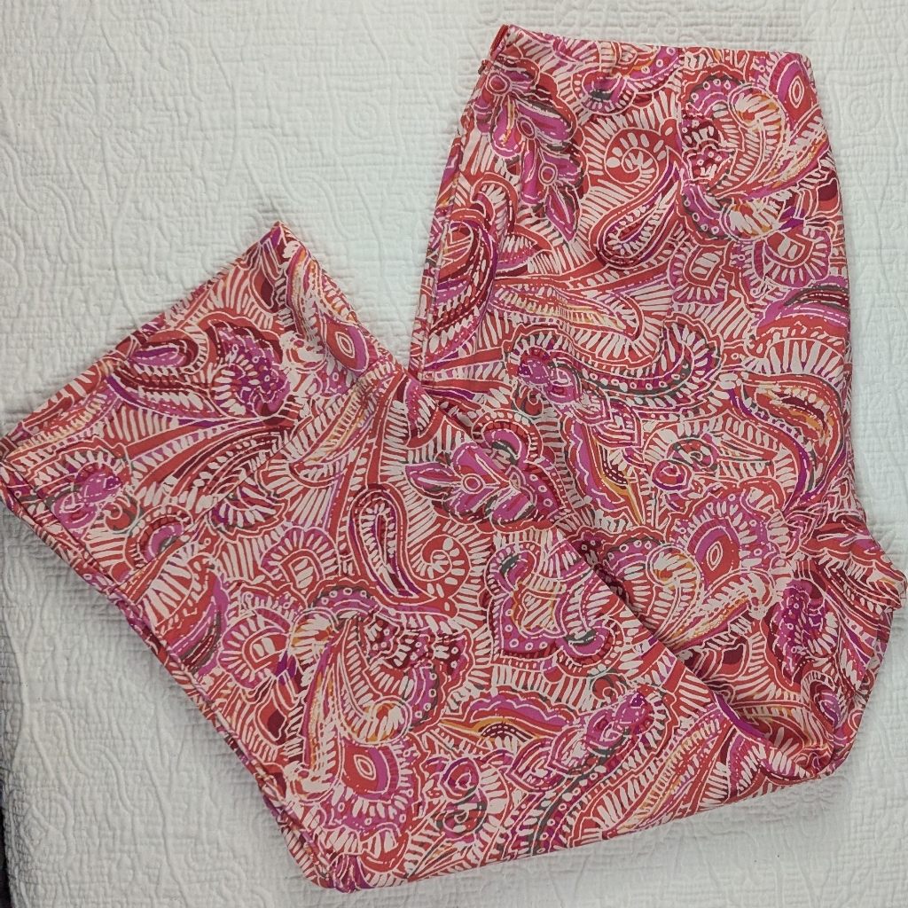 Sigrid Olsen Pants Women's Sz 8 Pink Red Paisley Cotton Stretch Crop Side Zip